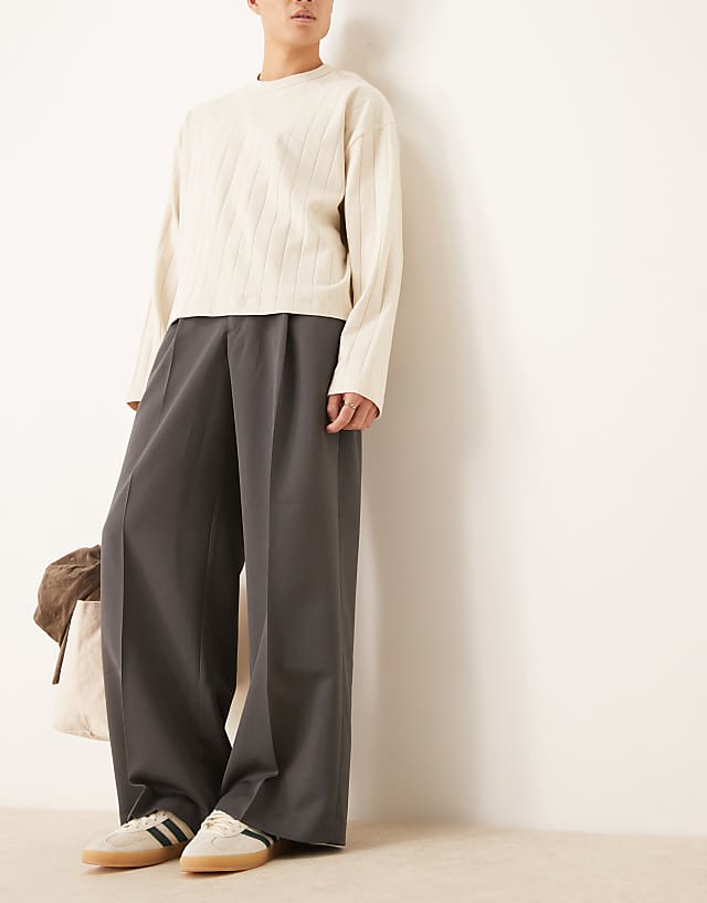 asos ASOS DESIGN smart loose fit trousers with front pleat in charcoal