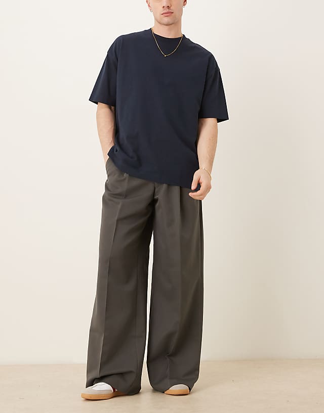 asos ASOS DESIGN smart loose fit trousers with front pleats in dark grey