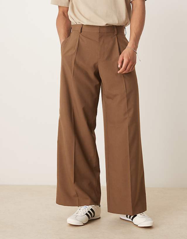 asos ASOS DESIGN smart loose fit trousers with front pleat in brown