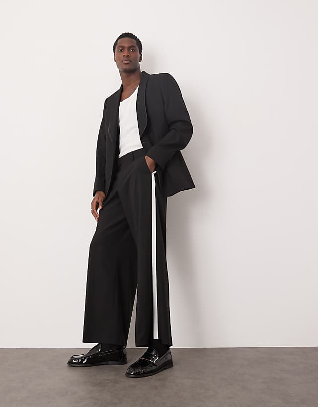 asos ASOS DESIGN smart loose fit tuxedo trousers in black with white side stripe