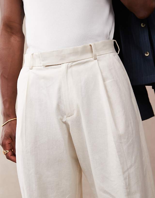 Asos ASOS DESIGN Smart Loose Leg Linen Blend Trousers With Front Pleat In White