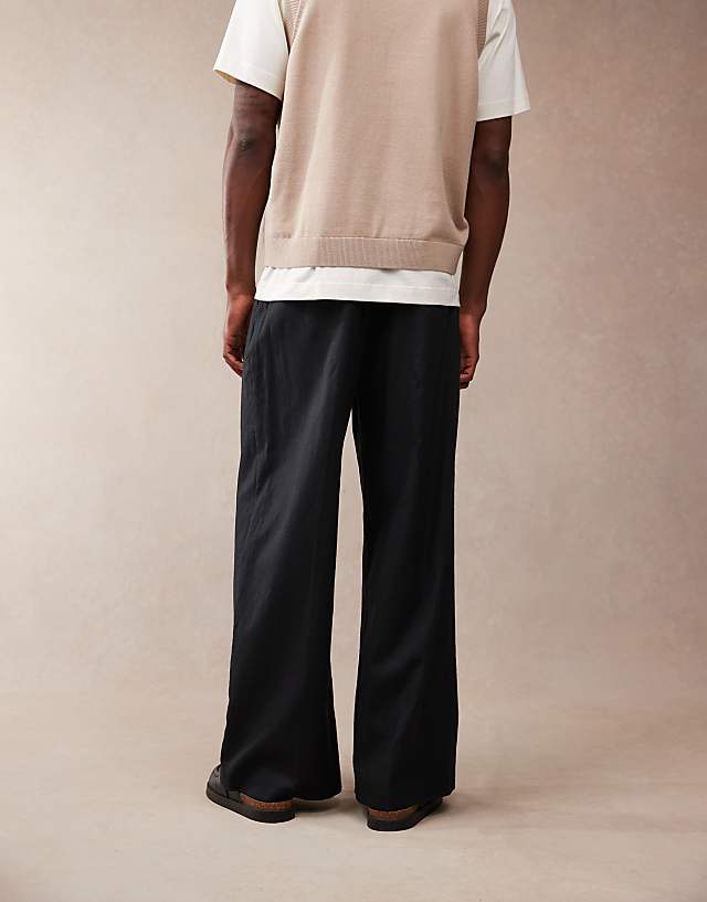 Asos ASOS DESIGN Smart Loose Leg Linen Blend Trousers With Front Pleat In Black