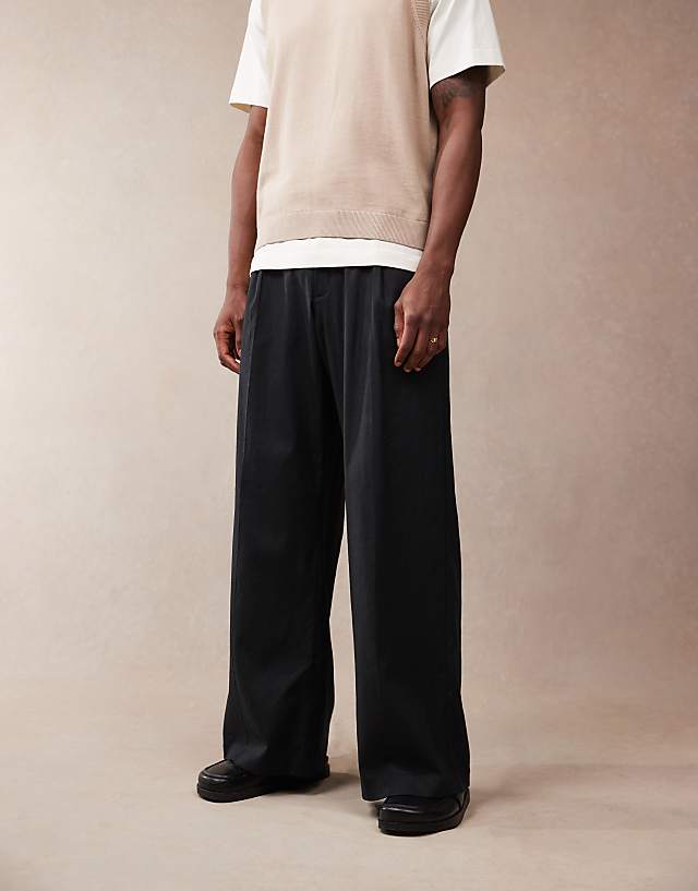 asos ASOS DESIGN smart loose leg linen blend trousers with front pleat in black