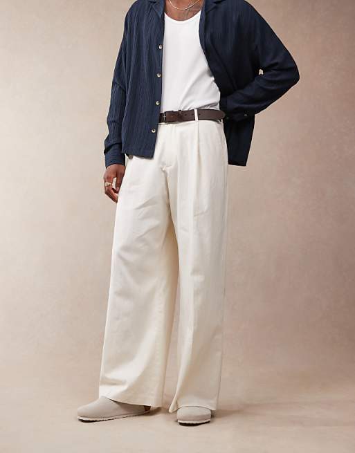 asos ASOS DESIGN smart loose leg linen blend trousers with front pleat in white