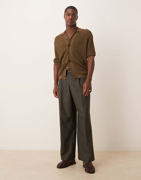 asos ASOS DESIGN smart loose leg trousers with front pleats in charcoal brushed fabric with