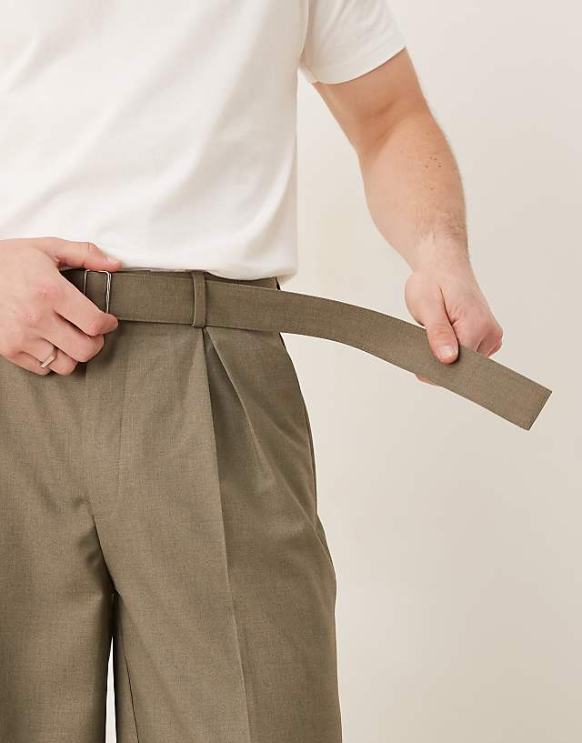 Asos ASOS DESIGN Smart Oversized Tapered Belted Trousers With Front Pleat In Khaki