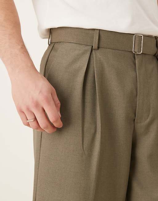 Asos ASOS DESIGN Smart Oversized Tapered Belted Trousers With Front Pleat In Khaki
