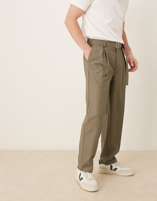 Asos ASOS DESIGN Smart Oversized Tapered Belted Trousers With Front Pleat In Khaki