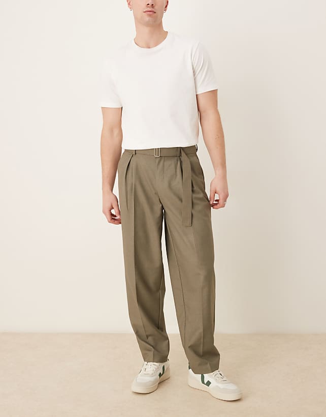 asos ASOS DESIGN smart oversized tapered belted trousers with front pleat in khaki