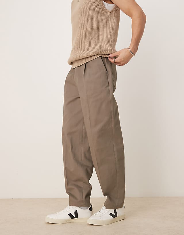 Asos ASOS DESIGN Smart Oversized Tapered Cotton Chino Trousers With Side Adjusters In Khaki