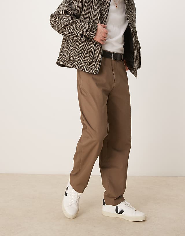 Asos ASOS DESIGN Smart Oversized Tapered Cotton Chino Trousers With Front Pleat In Khaki