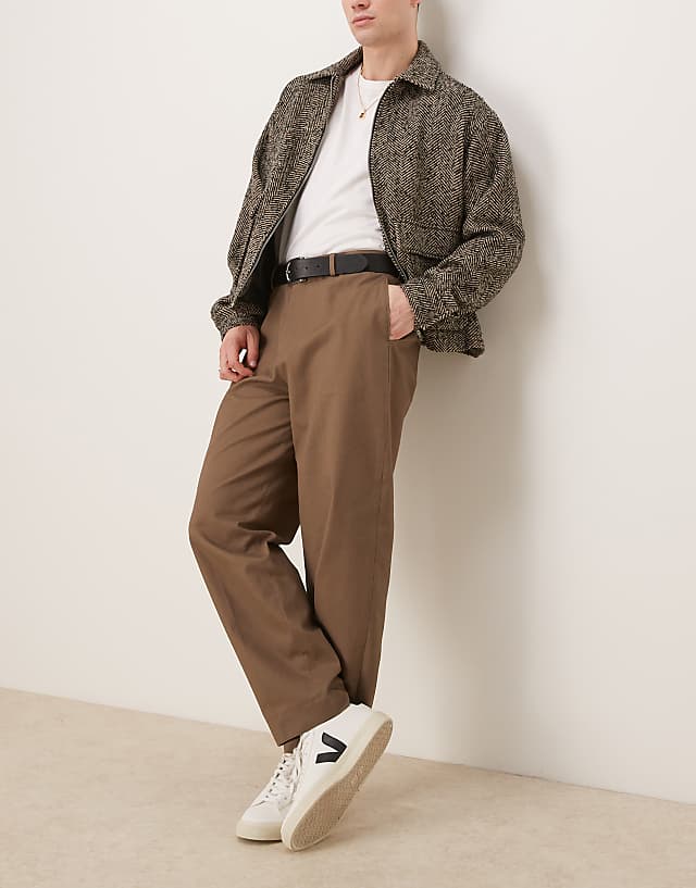 asos ASOS DESIGN smart oversized tapered cotton chino trousers with front pleat in khaki