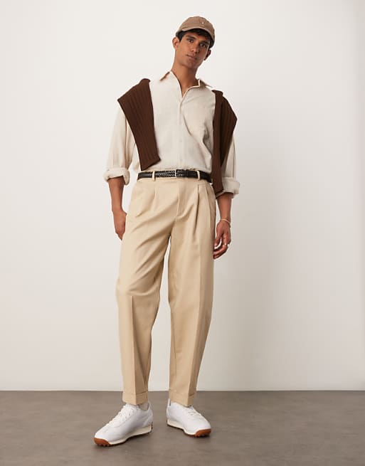 asos ASOS DESIGN smart oversized tapered cotton chino trousers in stone
