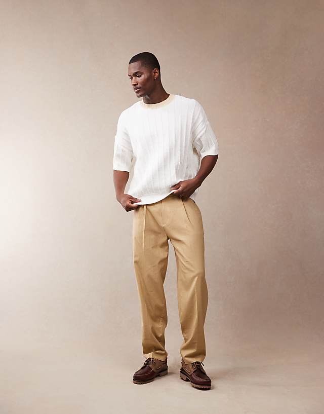 Asos ASOS DESIGN Smart Oversized Tapered Linen Blend Trousers With Front Pleat In Camel