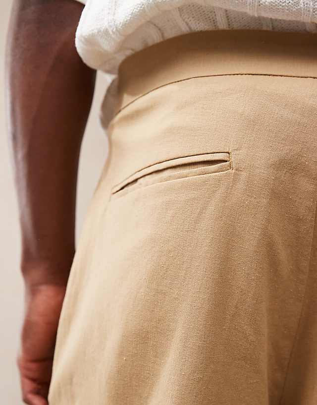 Asos ASOS DESIGN Smart Oversized Tapered Linen Blend Trousers With Front Pleat In Camel