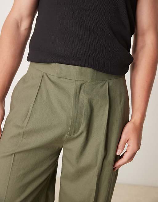 Asos ASOS DESIGN Smart Oversized Tapered Linen Blend Trousers With Front Pleat In Dusty Olive