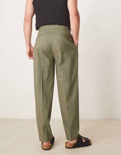 Asos ASOS DESIGN Smart Oversized Tapered Linen Blend Trousers With Front Pleat In Dusty Olive