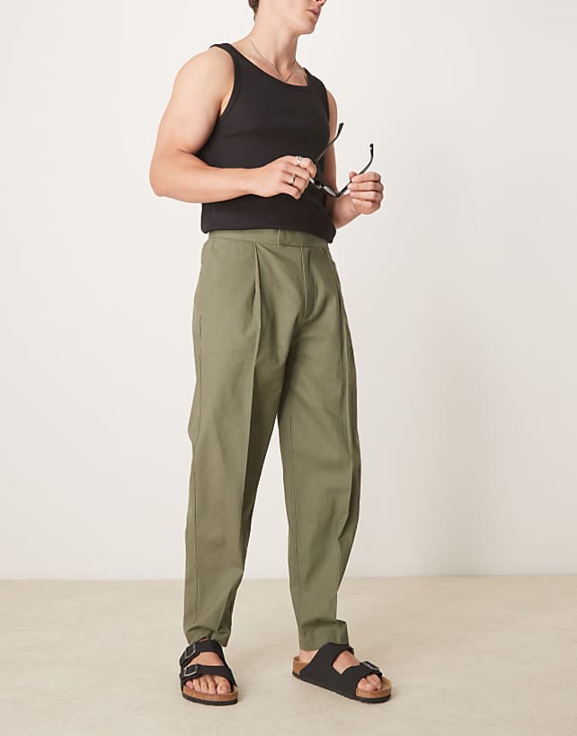 asos ASOS DESIGN smart oversized tapered linen blend trousers with front pleat in dusty olive
