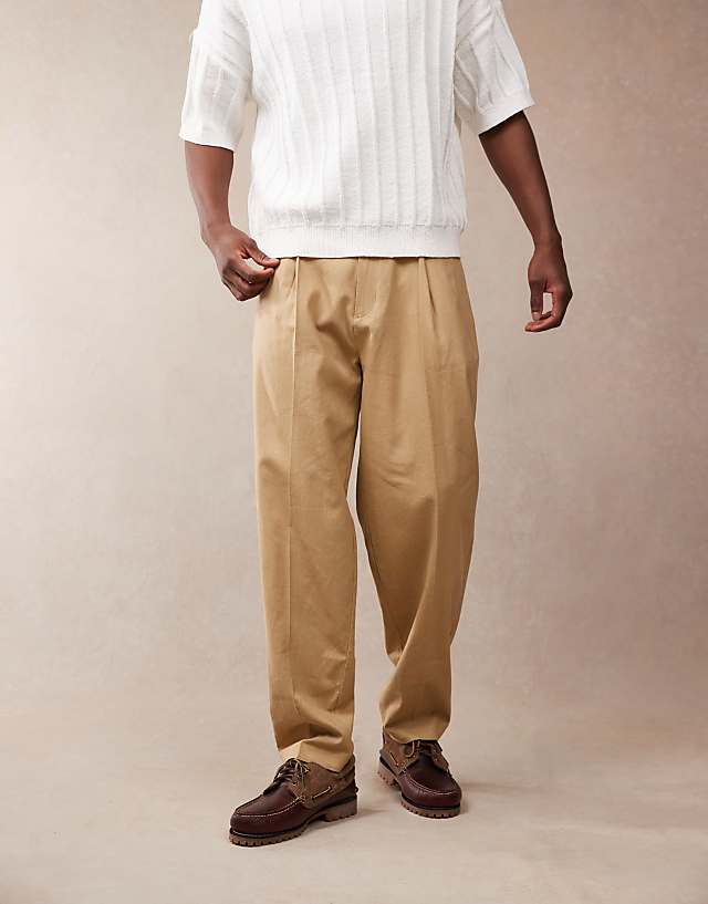 asos ASOS DESIGN smart oversized tapered linen blend trousers with front pleat in camel