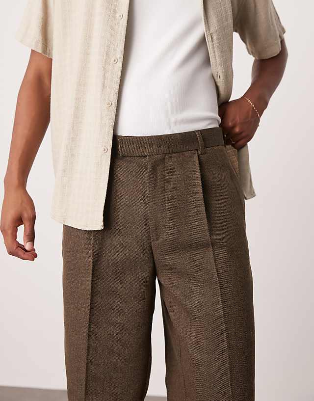 Asos ASOS DESIGN Smart Oversized Tapered Pleated Trousers In Brown With Wool Twill