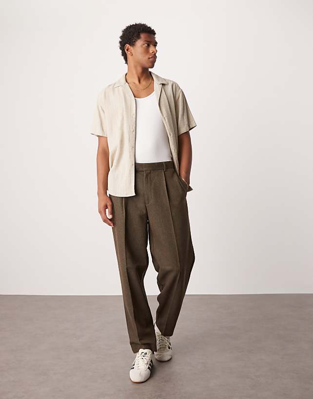asos ASOS DESIGN smart oversized tapered pleated trousers in brown with wool twill