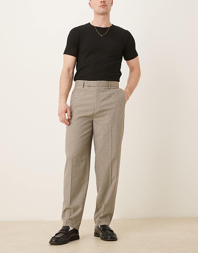 asos ASOS DESIGN smart oversized tapered trousers in brown microcheck