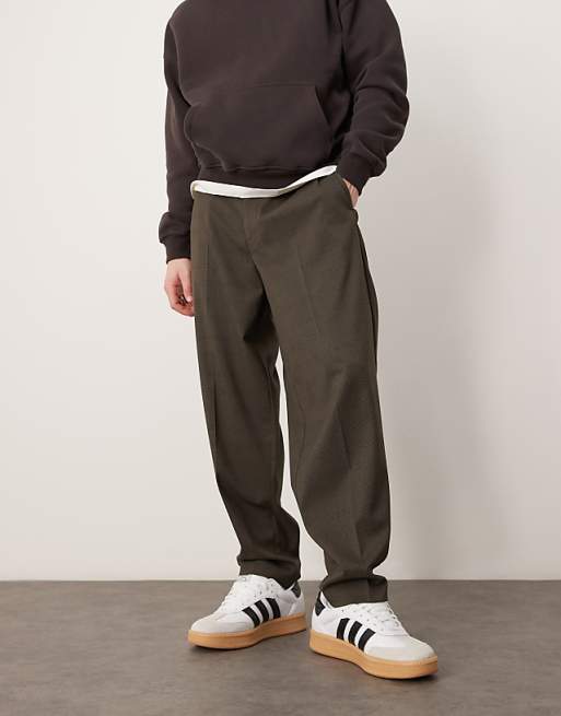 asos ASOS DESIGN smart oversized tapered trousers in brown check with elasticated waist
