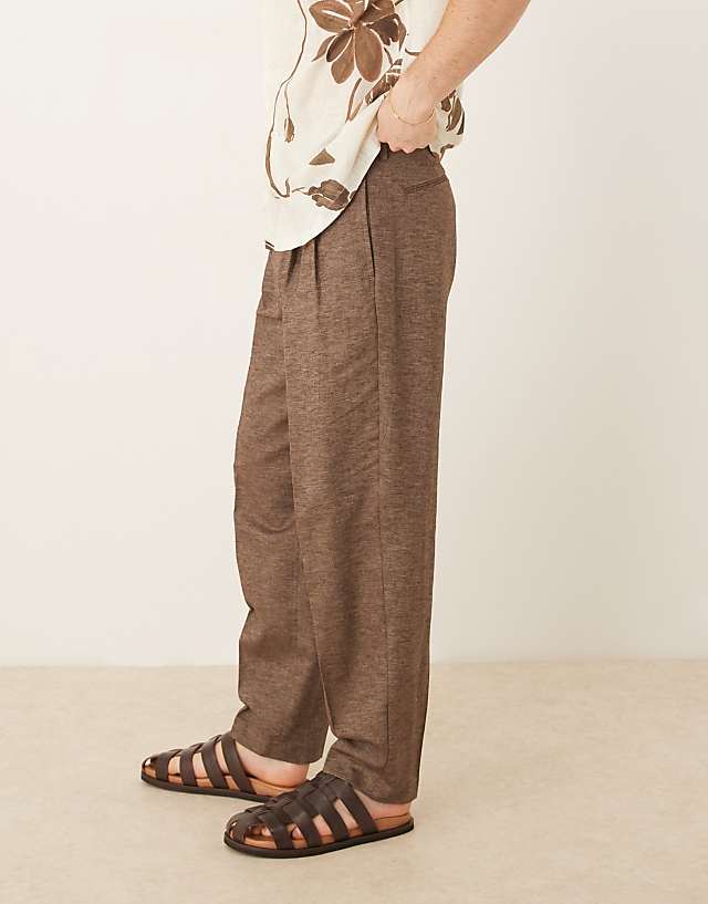 Asos ASOS DESIGN Smart Oversized Tapered Trousers With Double Pleats In Brown Linen Look