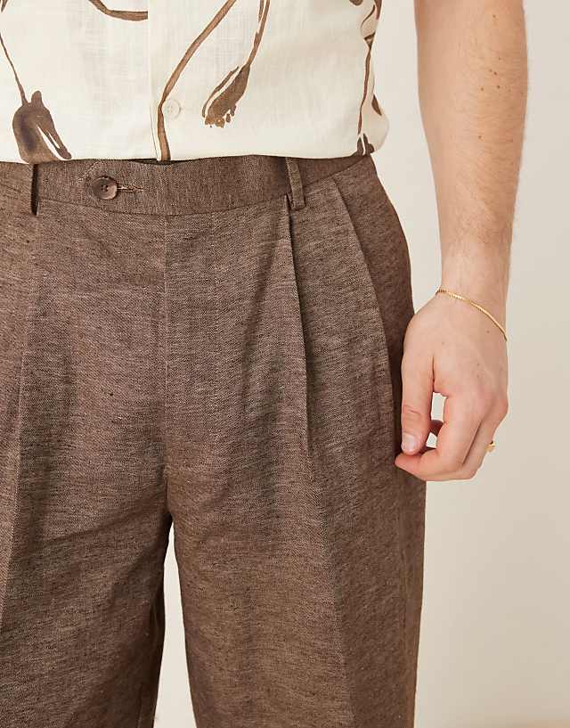 Asos ASOS DESIGN Smart Oversized Tapered Trousers With Double Pleats In Brown Linen Look