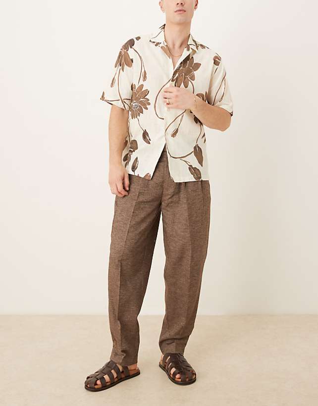 asos ASOS DESIGN smart oversized tapered trousers with double pleats in brown linen look