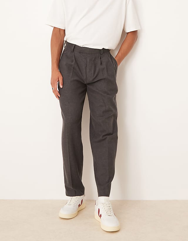 Asos ASOS DESIGN Smart Oversized Tapered Trousers With Double Pleats In Charcoal Basket Weave