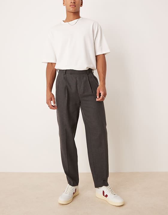 asos ASOS DESIGN smart oversized tapered trousers with double pleats in charcoal basket weave