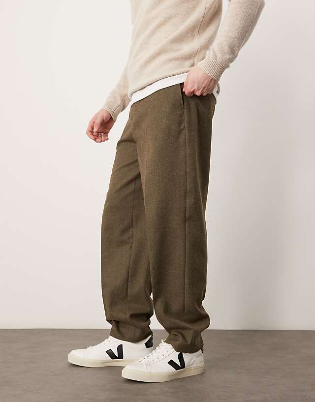 Asos ASOS DESIGN Smart Oversized Tapered Trousers With Front Pleats In Olive Brushed Fabric