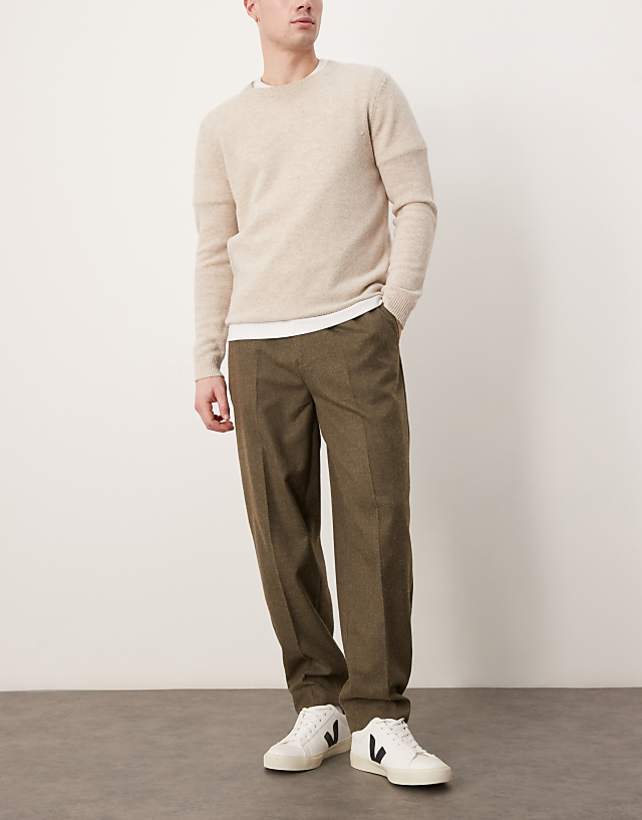 asos ASOS DESIGN smart oversized tapered trousers with front pleats in olive brushed fabric