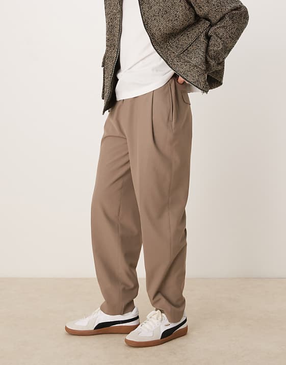 asos ASOS DESIGN smart oversized tapered trousers with deep pleat in tan