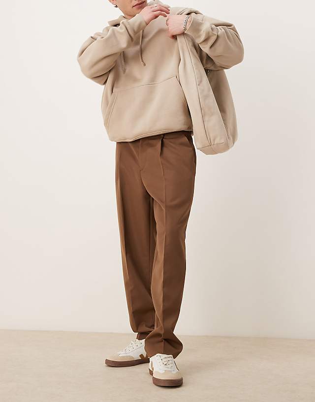 asos ASOS DESIGN smart oversized tapered trousers with front pleat in brown
