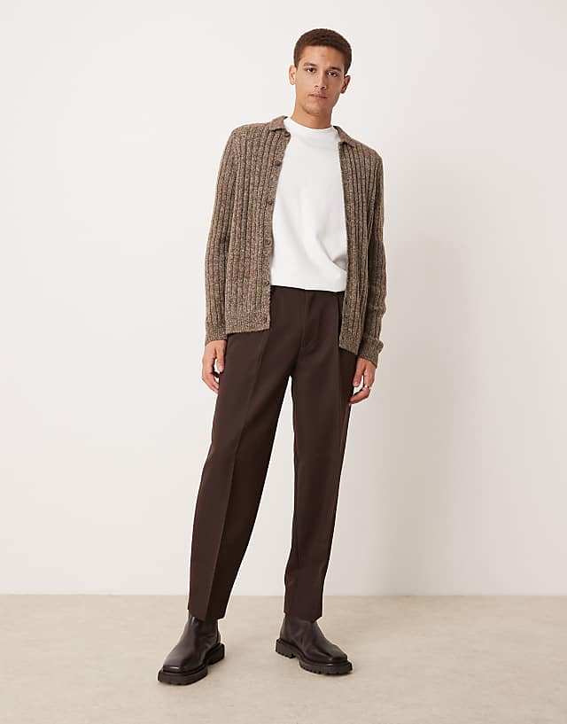 Asos ASOS DESIGN Smart Oversized Tapered Trousers With Front Pleat In Brown