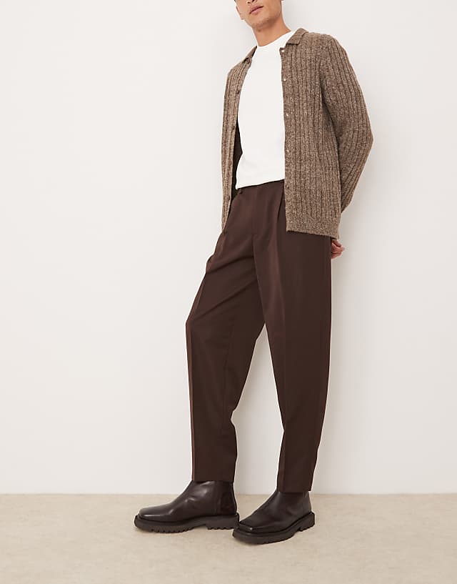 asos ASOS DESIGN smart oversized tapered trousers with front pleat in brown