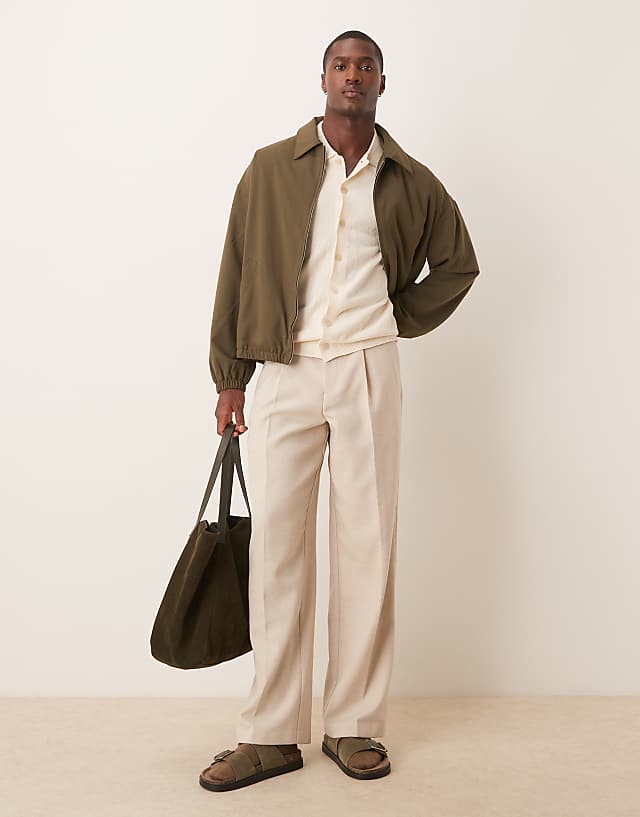 Asos ASOS DESIGN Smart Pleated Wide Leg Trousers With Wool In Stone