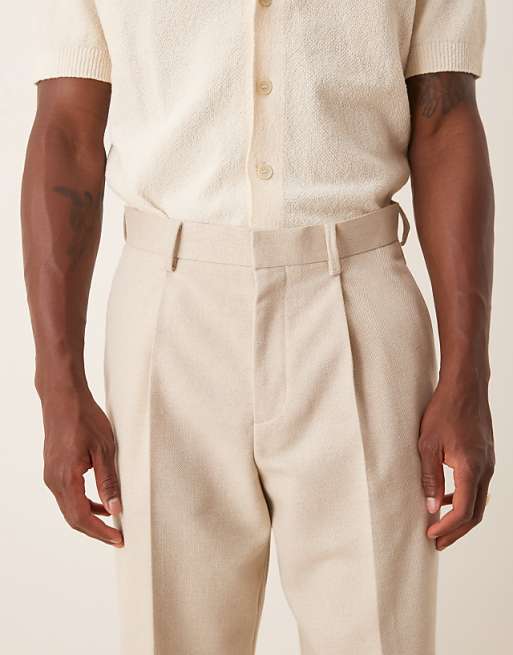Asos ASOS DESIGN Smart Pleated Wide Leg Trousers With Wool In Stone
