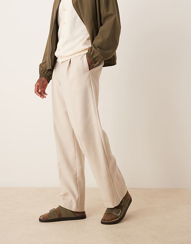 asos ASOS DESIGN smart pleated wide leg trousers with wool in stone