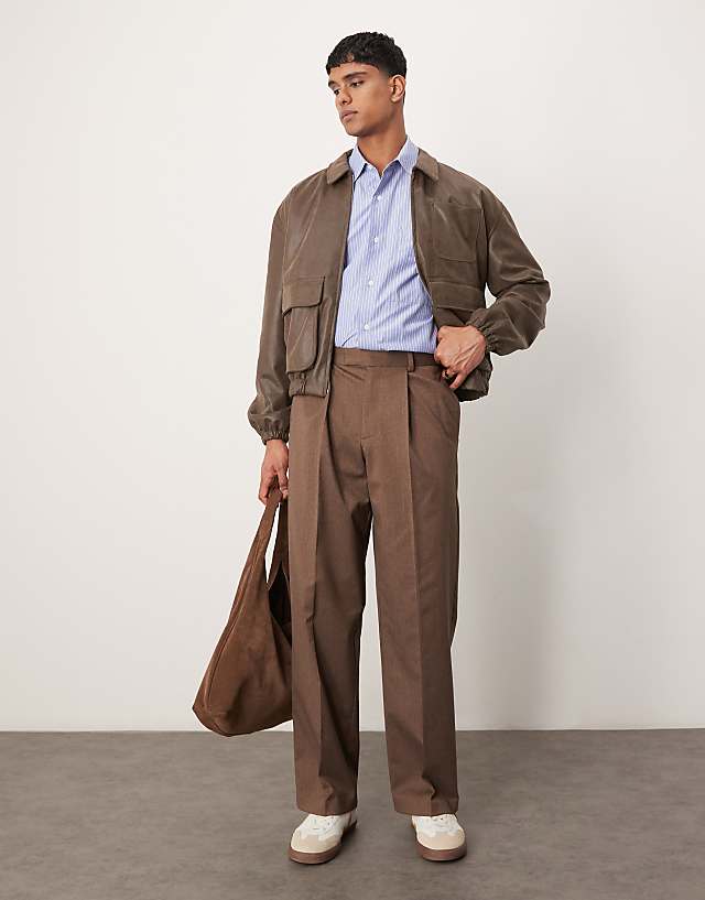 Asos ASOS DESIGN Smart Premium Wide Leg Trousers With Double Pleats In Brown