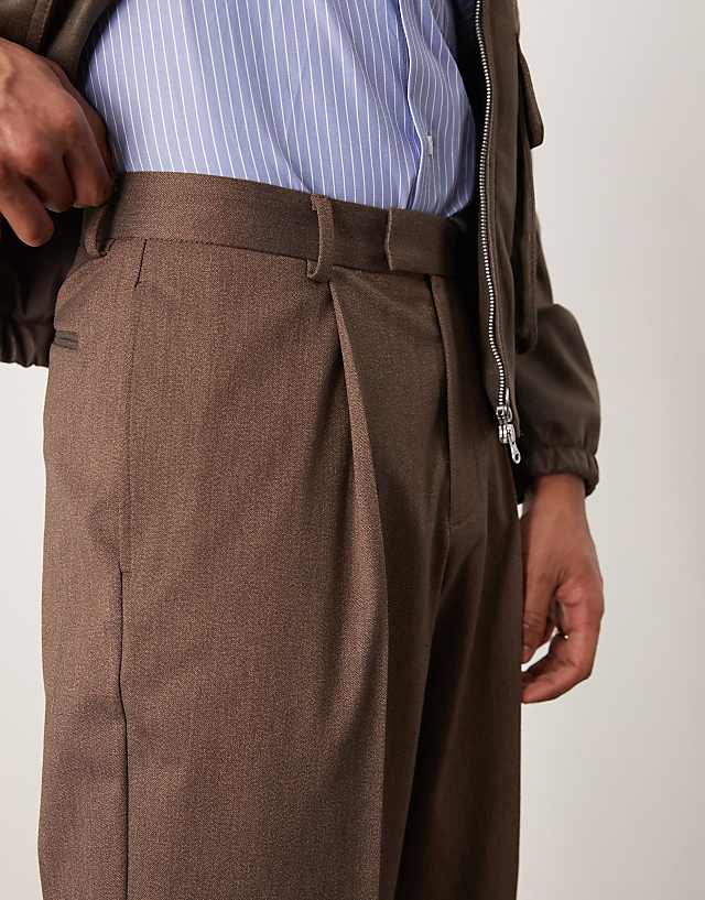 Asos ASOS DESIGN Smart Premium Wide Leg Trousers With Double Pleats In Brown