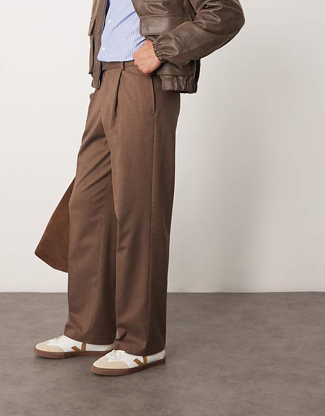 asos ASOS DESIGN smart premium wide leg trousers with double pleats in brown