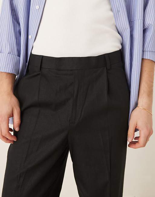 Asos ASOS DESIGN Smart Relaxed Tapered Fit Linen Blend Trousers With Front Pleat In Black