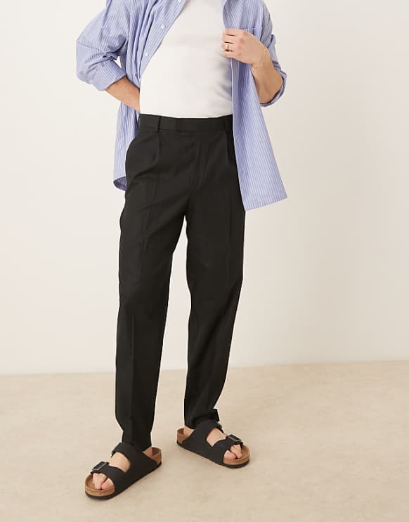 asos ASOS DESIGN smart relaxed tapered fit linen blend trousers with front pleat in black