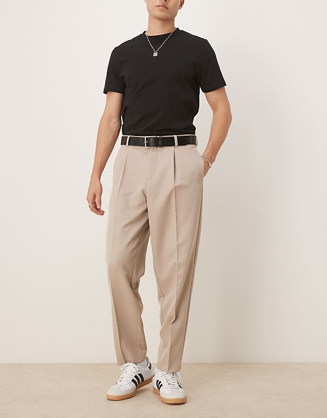 Asos ASOS DESIGN Smart Relaxed Tapered Fit Trousers With Front Pleat In Stone