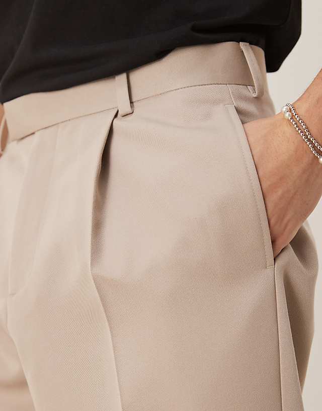Asos ASOS DESIGN Smart Relaxed Tapered Fit Trousers With Front Pleat In Stone