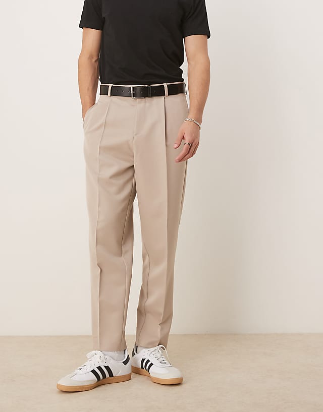 asos ASOS DESIGN smart relaxed tapered fit trousers with front pleat in stone