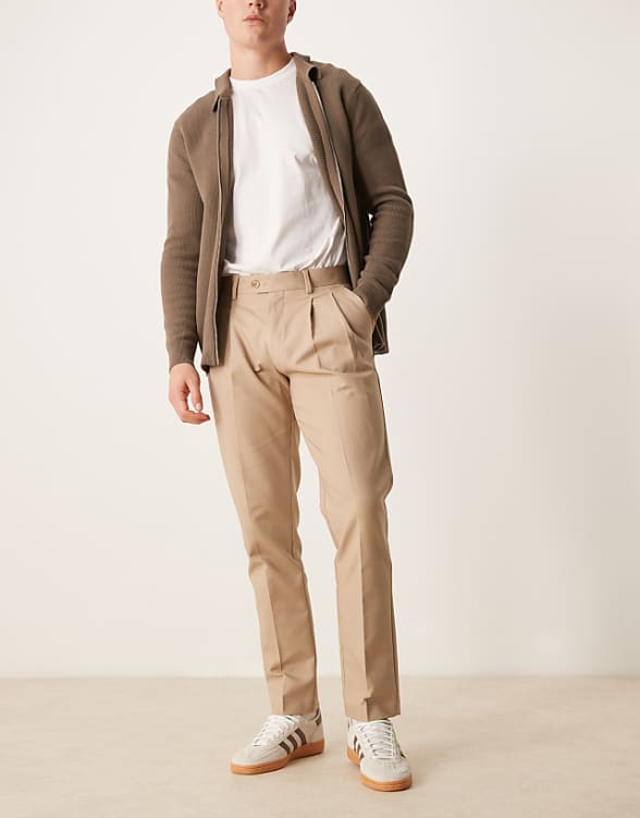 asos ASOS DESIGN smart slim fit cotton trousers in tan